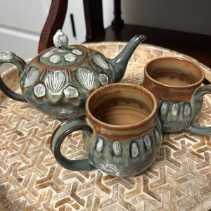 Beautiful Studio Pottery Tea Set Pot & 2 Cups Signed Handmade Ceramic Seashells